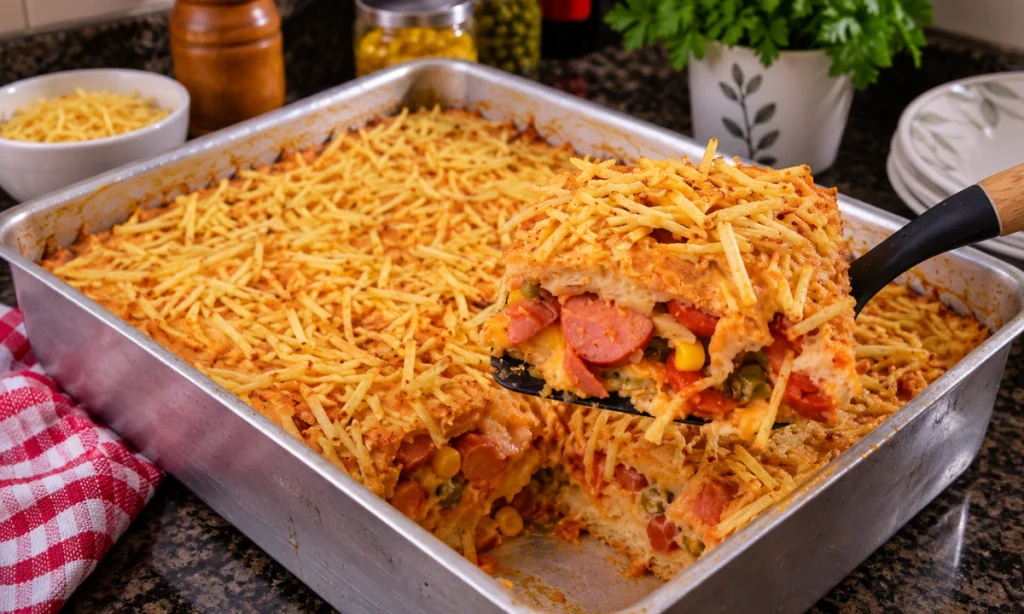 Cachorro-quente de forno dourado e recheado com salsicha, milho, ervilha e queijo