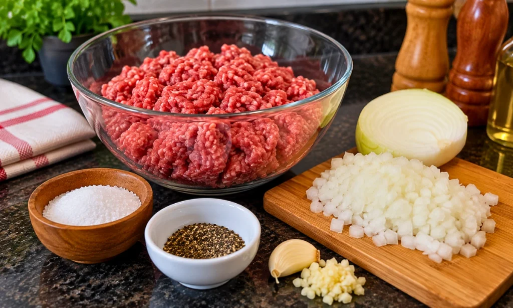 Ingredientes simples para preparar hambúrguer caseiro com carne moída, cebola, alho, sal e pimenta