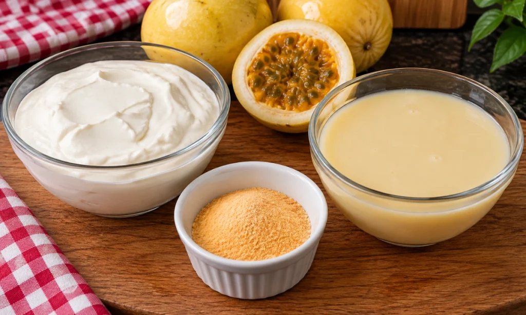 Ingredientes da mousse de maracujá com suco em pó separados para o preparo