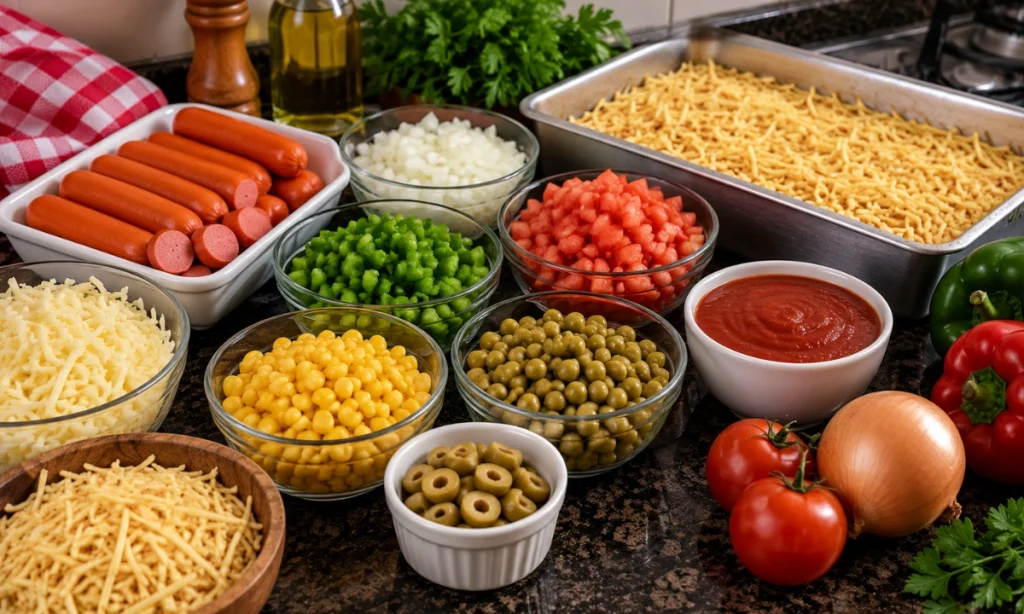 Ingredientes do cachorro-quente de forno organizados para o preparo da massa e do recheio