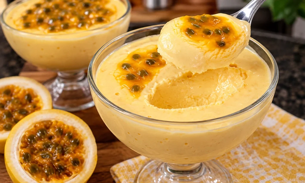 Mousse de maracujá com suco em pó cremosa servida gelada em taça