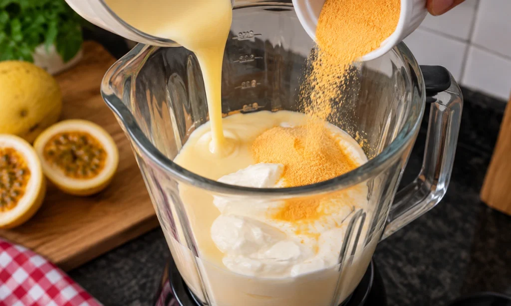 Mousse de maracujá sendo batida no liquidificador com leite condensado, creme de leite e suco em pó