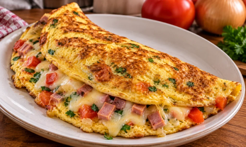 Receita de omelete simples recheada com presunto e muçarela