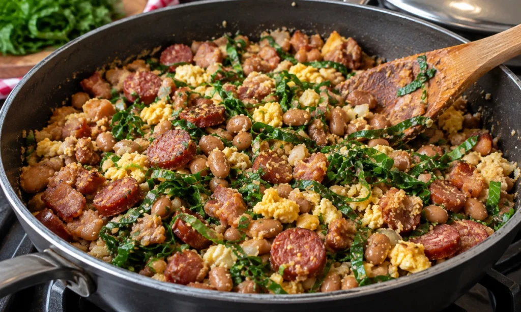 Feijão tropeiro mineiro sendo preparado na panela com bacon, linguiça, couve, ovo e farinha de mandioca