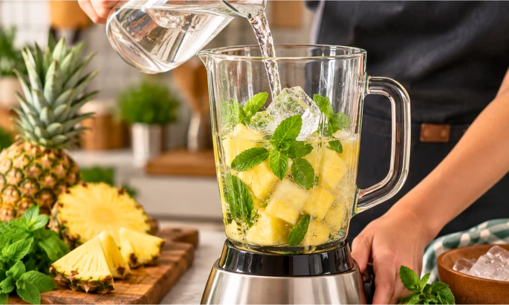 Abacaxi sendo batido com água e hortelã no liquidificador
