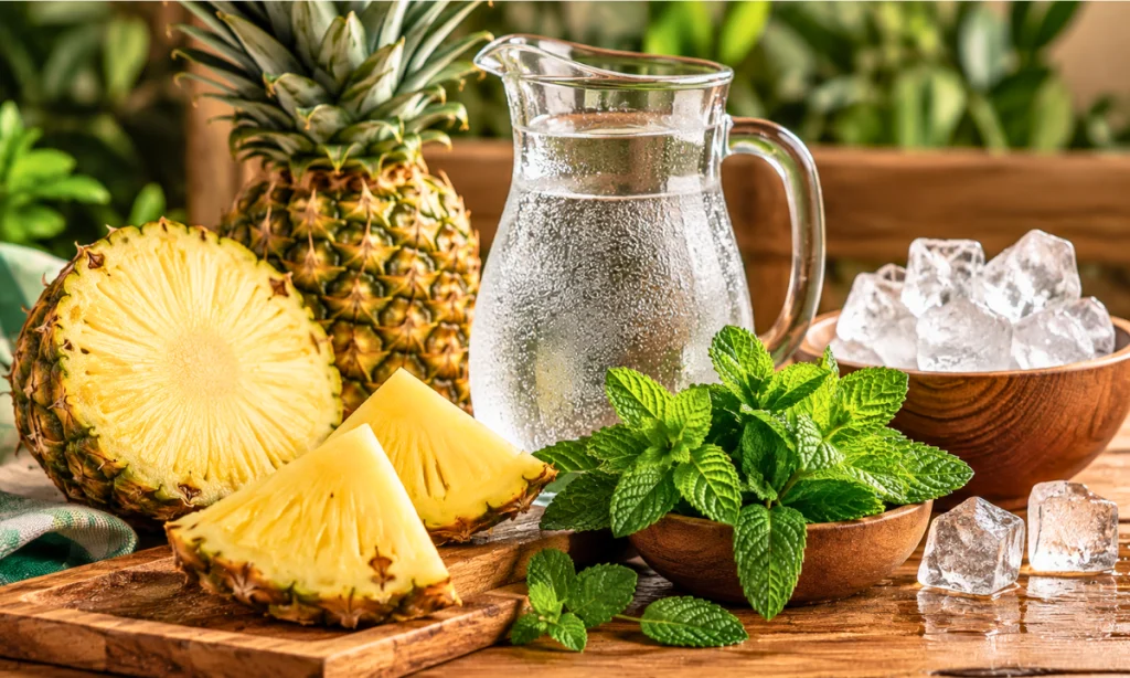  Abacaxi, água gelada, folhas de hortelã e gelo para preparar o suco