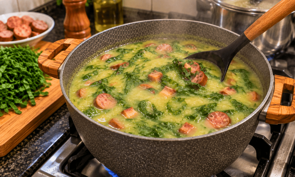 Caldo verde cozinhando na panela com creme de batata, bacon, linguiças e couve.