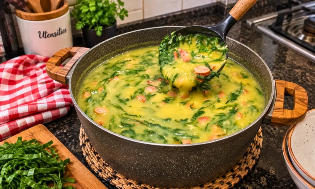 Caldo verde cremoso servido bem quente com batata, bacon, linguiça, calabresa e couve
