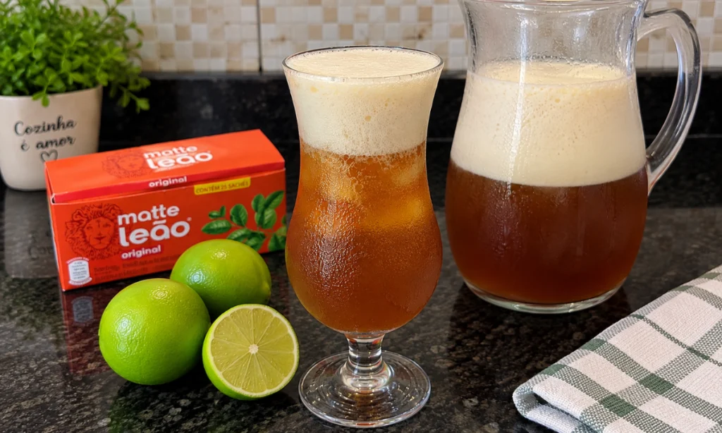Chá gelado com limão servido em uma taça, bem refrescante e com aparência caseira