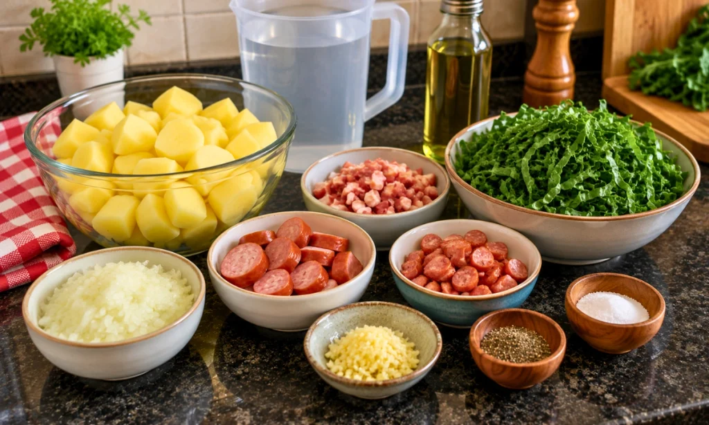 Ingredientes do caldo verde organizados sobre a bancada, com batatas, bacon, linguiças, couve, cebola e alho