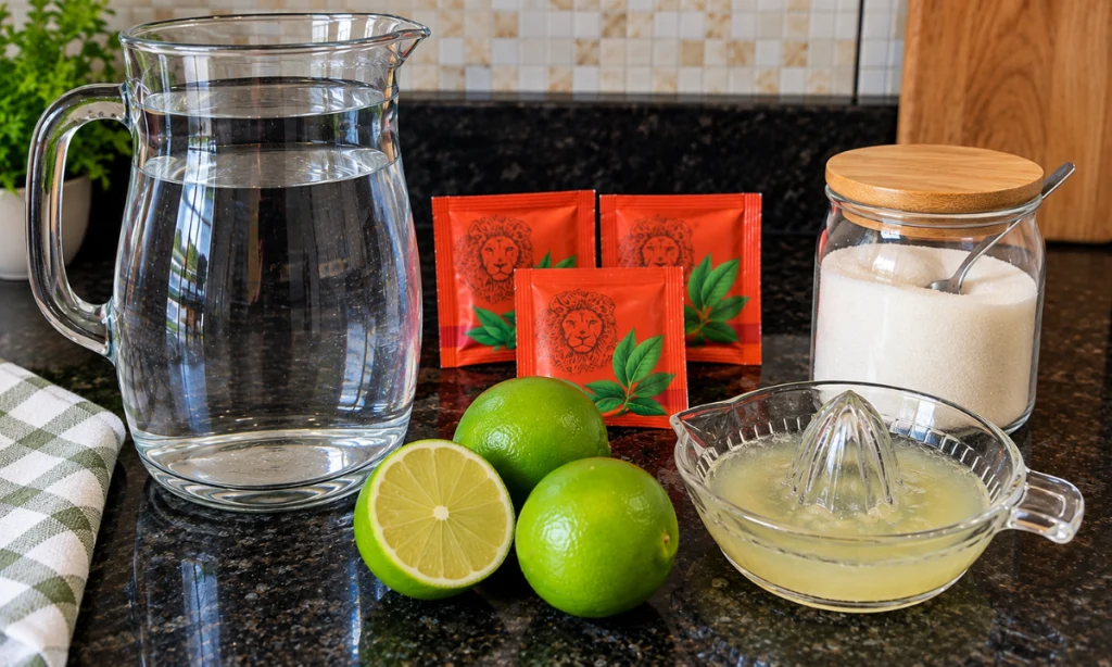Ingredientes para preparar chá gelado com limão organizados sobre a bancada