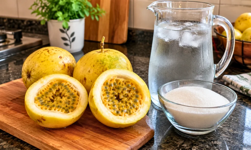Maracujás frescos, açúcar e água gelada para preparar suco natural de maracujá