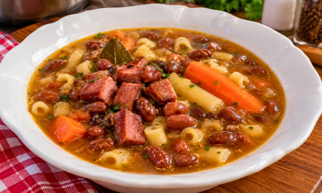  Sopa de feijão cremosa com macarrão e cenoura servida bem quente