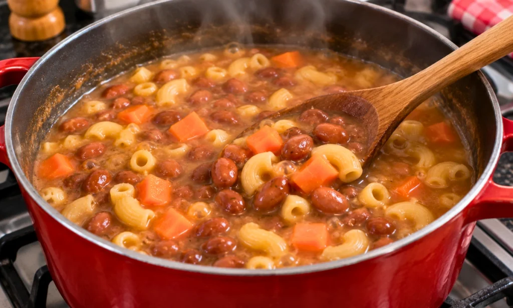 Sopa de feijão sendo preparada na panela com macarrão e cenoura