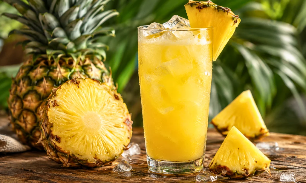 Suco de abacaxi natural gelado servido em copo