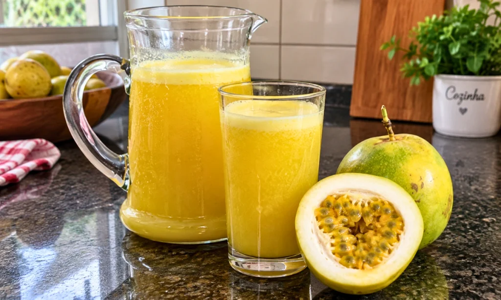 Suco de maracujá natural bem gelado servido em um copo, com maracujá ao lado