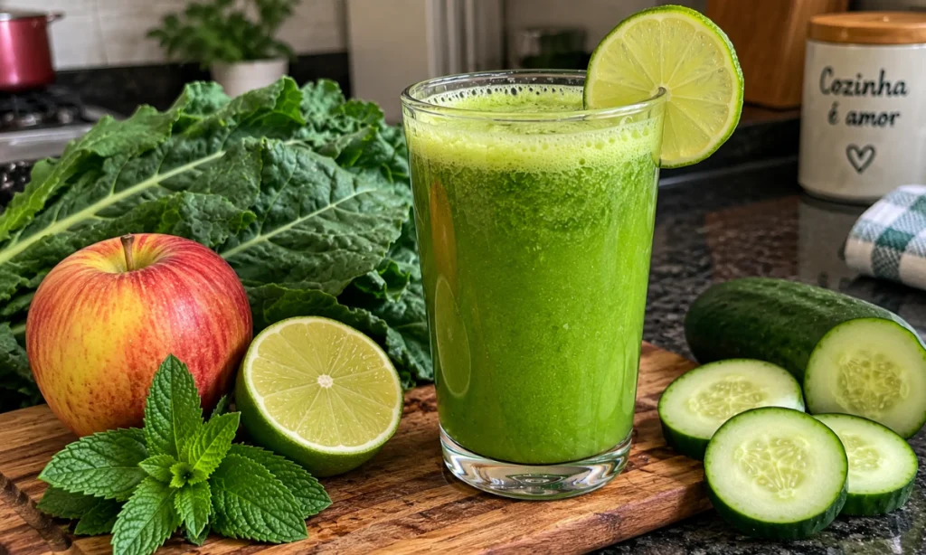 Suco verde caseiro servido em copo com couve, maçã, limão, pepino e hortelã