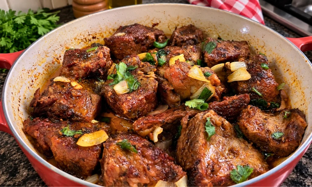 Carne de panela suculenta em pedaços grandes, bem temperada e pronta para servir
