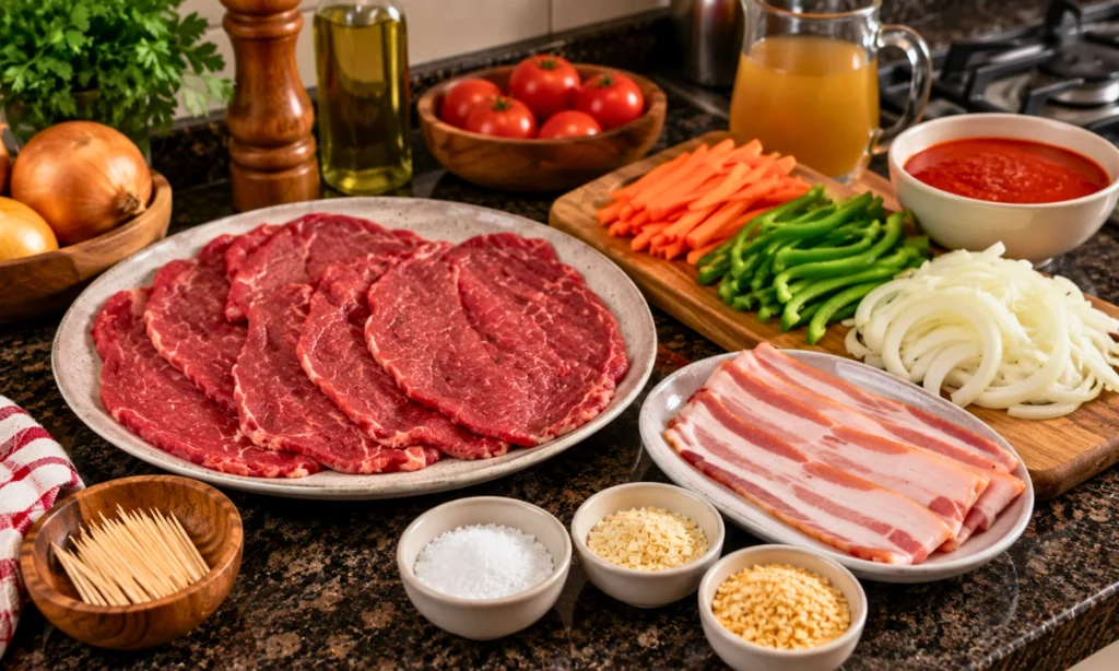 Ingredientes para preparar bife a rolê com carne, bacon, cenoura, pimentão, cebola e molho de tomate