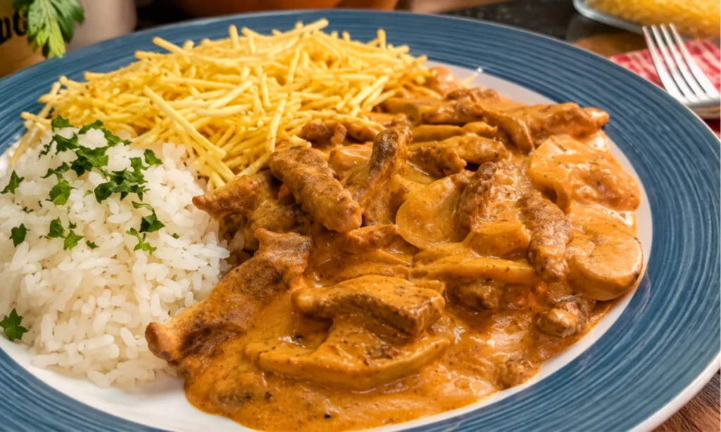 Strogonoff de carne tradicional cremoso servido com arroz branco e batata palha