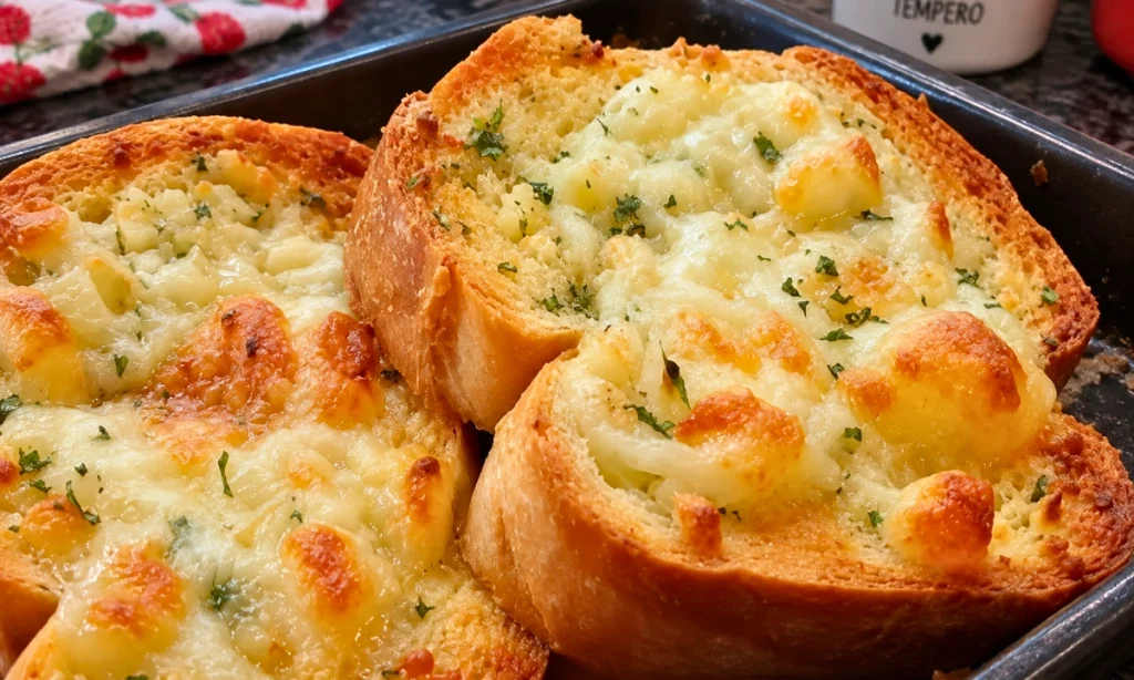 Torrada de alho com queijo torradinho na forma
