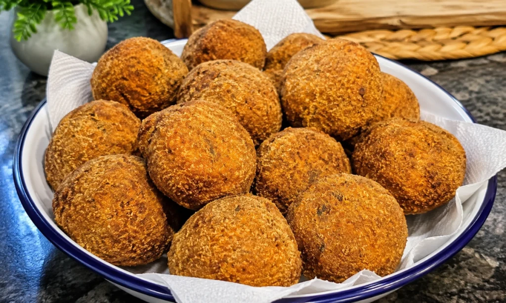  Bolinhos de carne com pão amanhecido dourados e crocantes servidos quentes