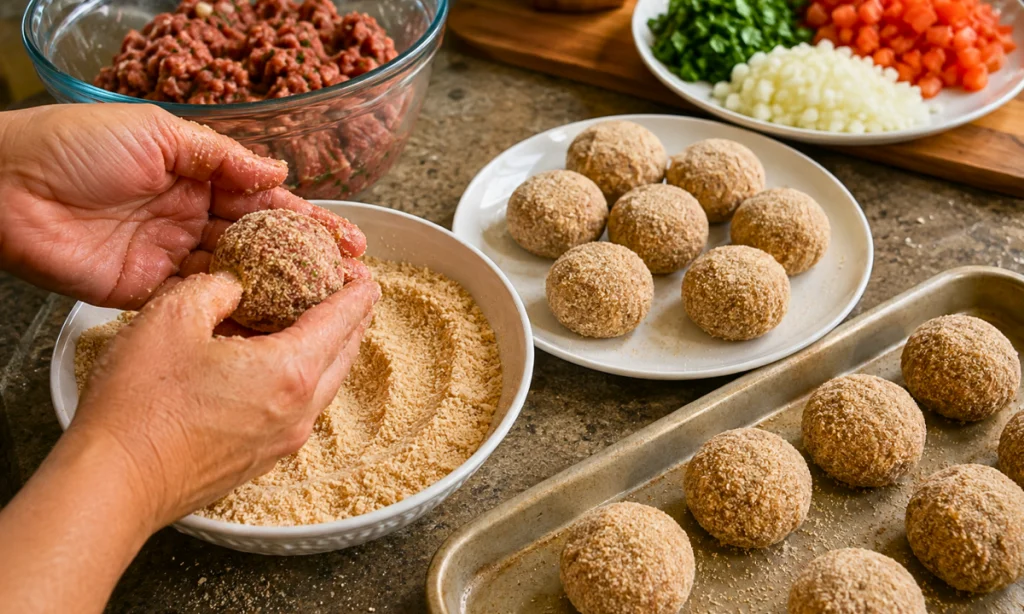  Bolinhos de carne sendo modelados e empanados com farinha de rosca