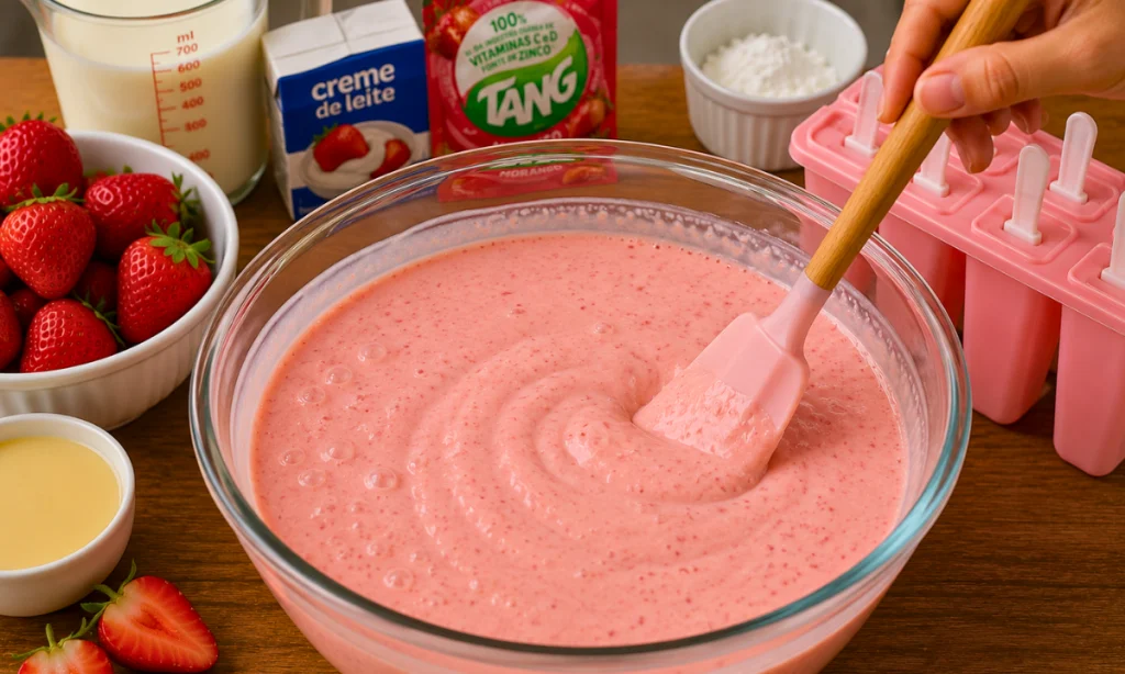 Creme de morango sendo misturado antes de preencher as formas de picolé