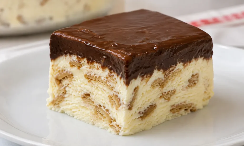 Fatia de pudim de sorvete mostrando a camada de chocolate e o creme congelado
