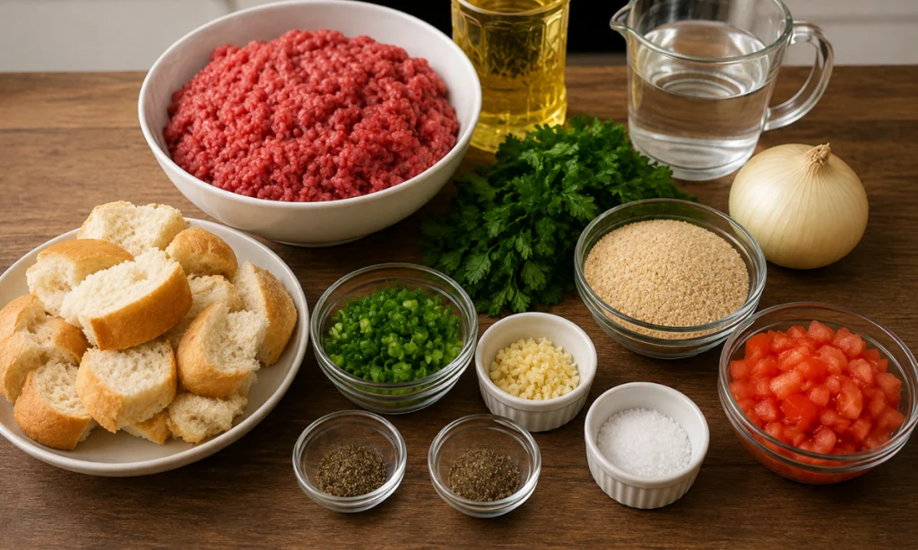 Ingredientes organizados para preparar bolinho de carne com pão francês amanhecido
