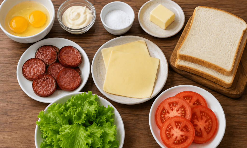 Ingredientes separados para preparar o sanduíche de frigideira