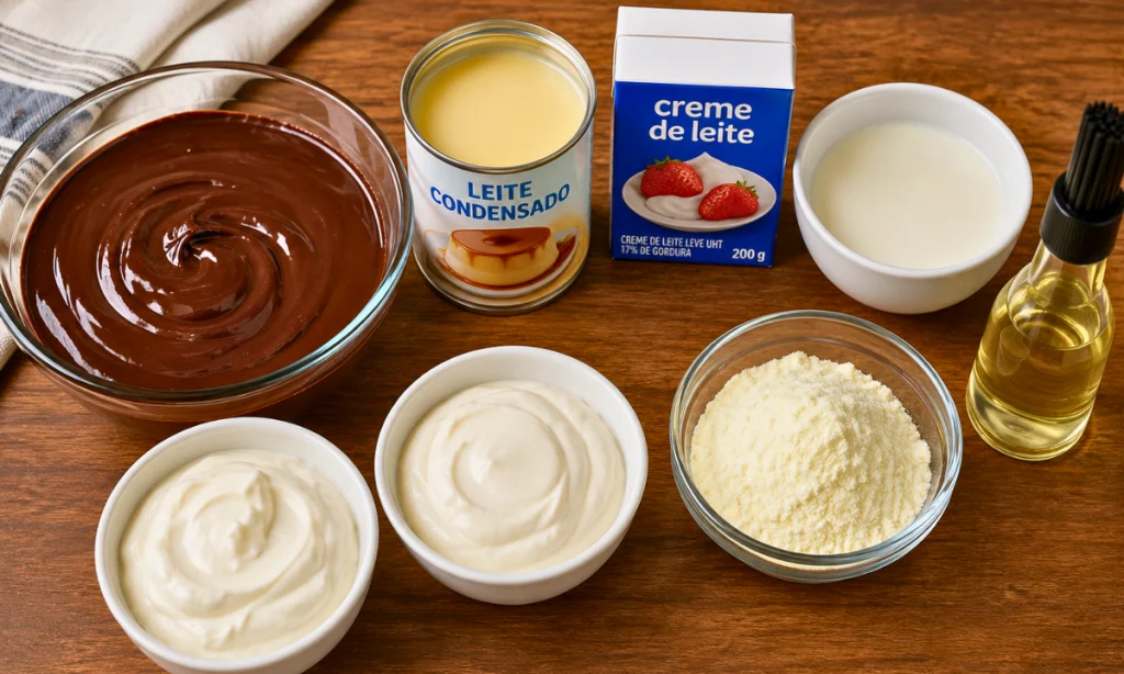 Ingredientes separados para preparar pudim de sorvete com chocolate