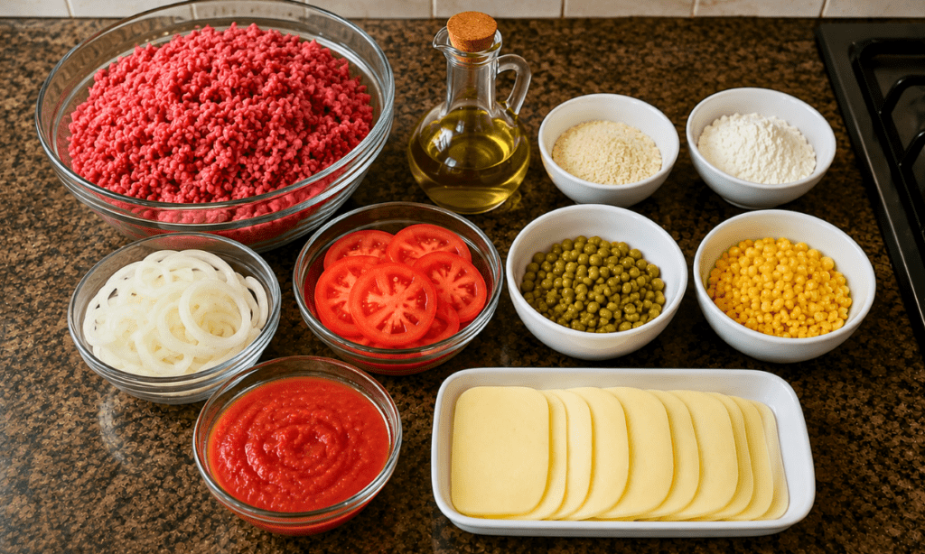 Ingredientes separados para preparar rocambole de carne moída