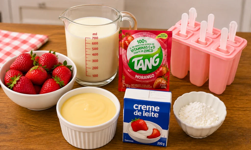 Ingredientes para fazer picolé caseiro de morango com Tang, leite condensado, creme de leite e morangos