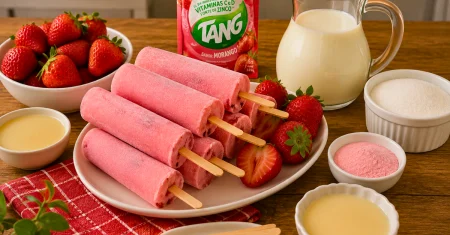 Picolé caseiro de morango com Tang, cremoso e fácil de fazer