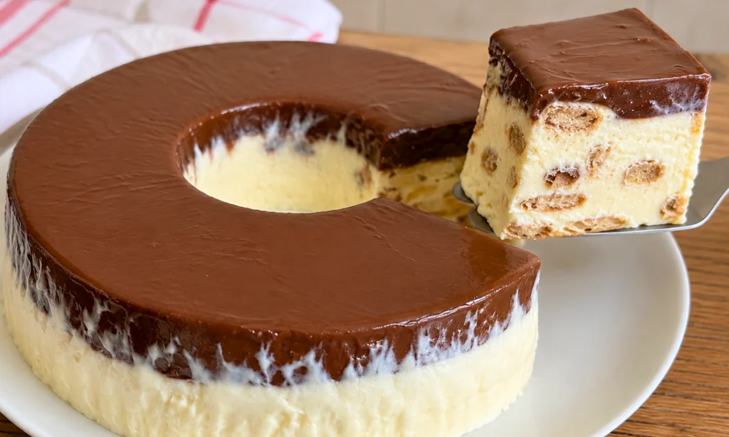 Pudim de sorvete cremoso com cobertura de chocolate desenformado