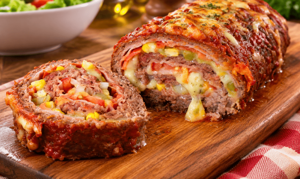 Rocambole de carne moída recheado e coberto com molho de tomate em uma assadeira