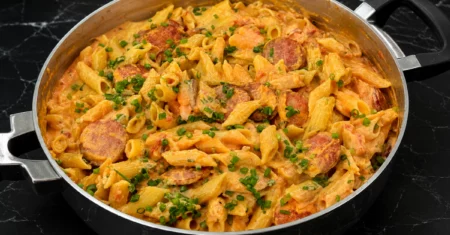 Macarrão cremoso sem forno com calabresa e creme de batata que fica incrivelmente saboroso
