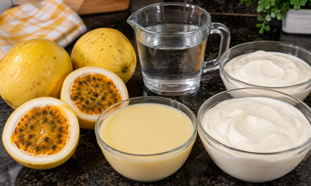 Maracujás, água, leite condensado e creme de leite usados na mousse