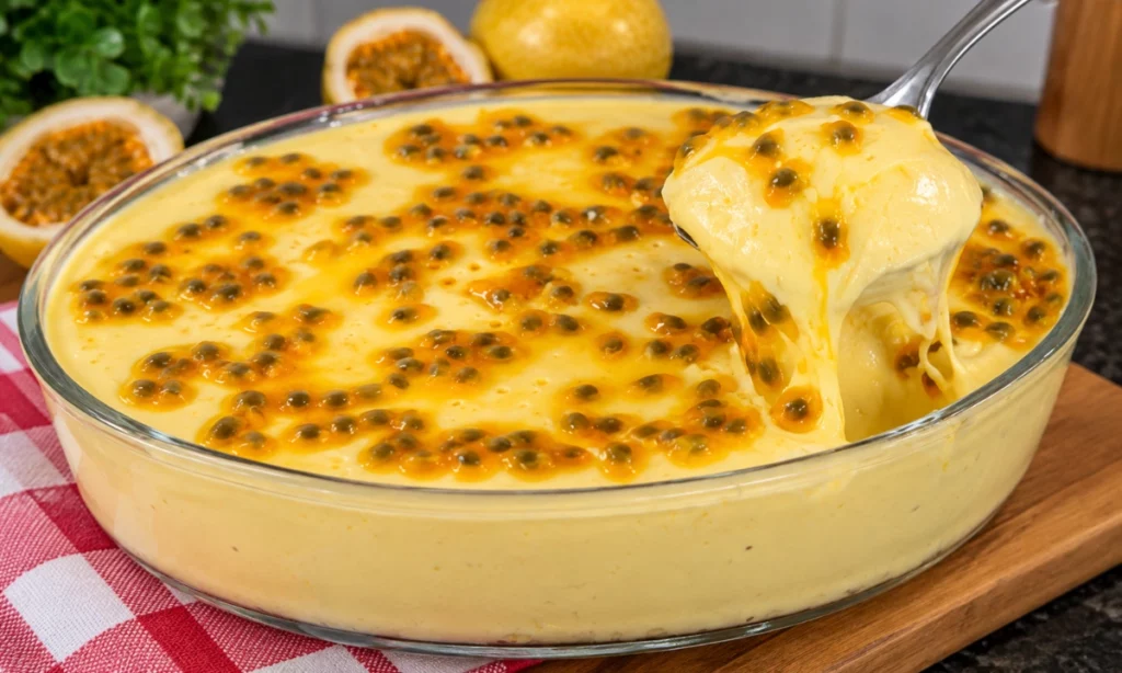Mousse de maracujá com a fruta cremosa servida gelada em uma travessa