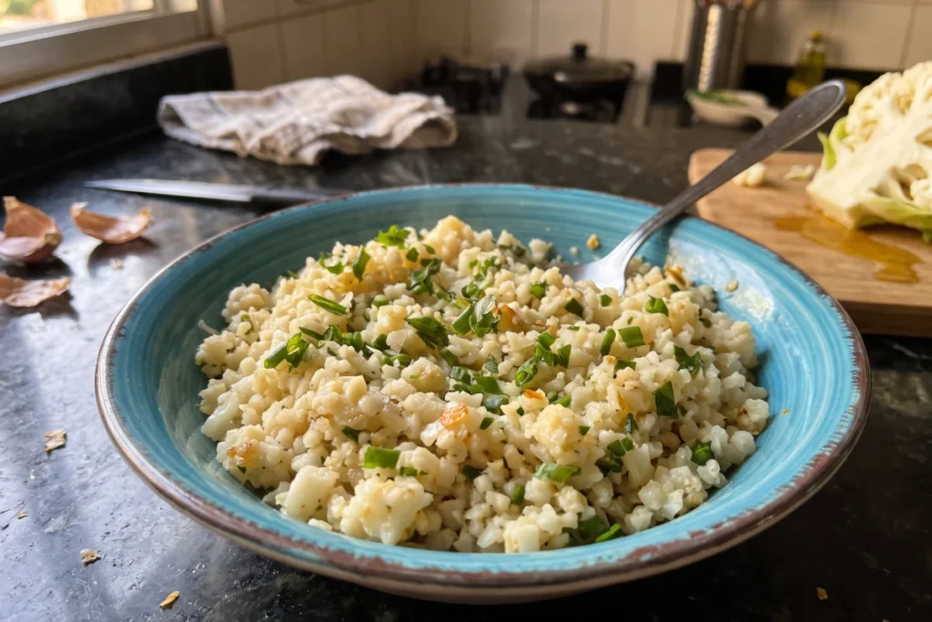 Prato de arroz de couve‑flor soltinho, com legumes e temperos