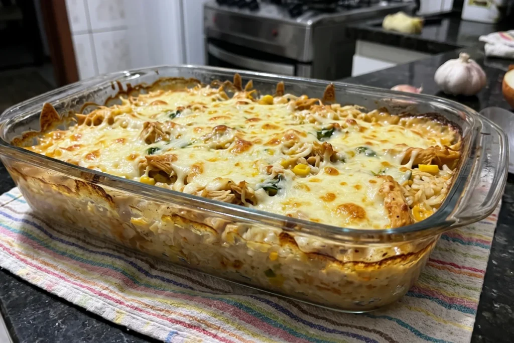 Arroz de forno com frango cremoso, milho, ervilha e queijo mussarela dourado em uma travessa