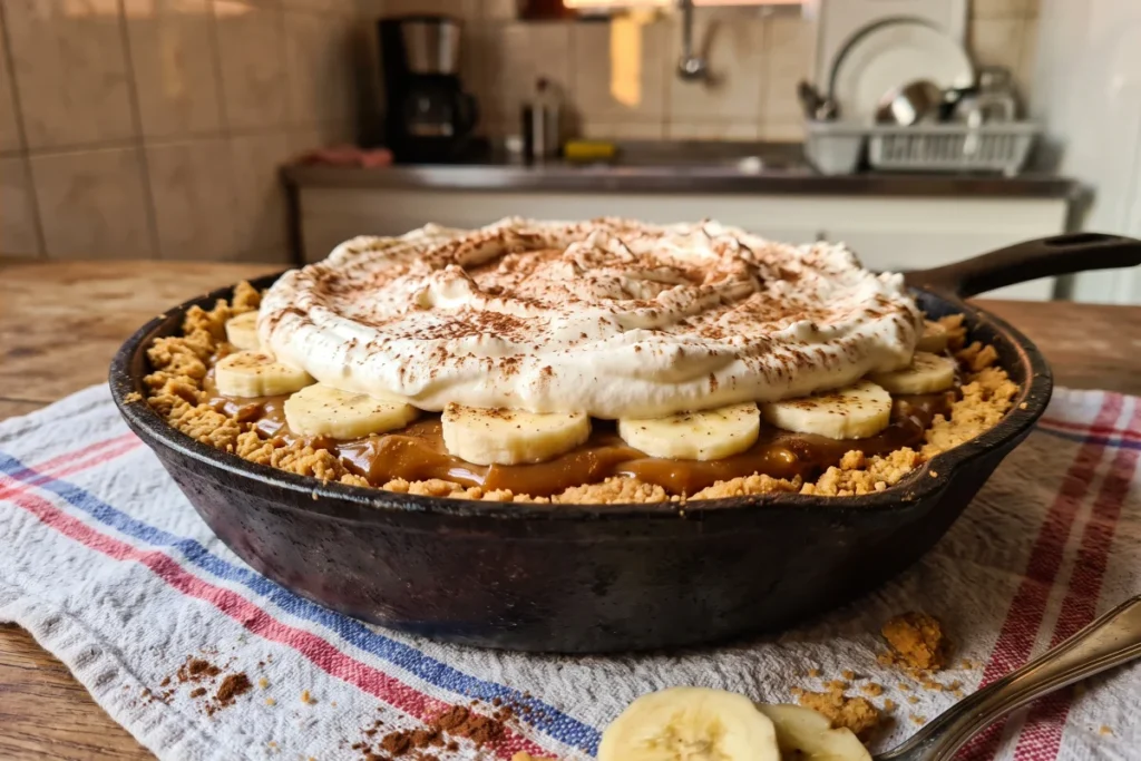Banoffee fácil com base de biscoito, doce de leite, bananas frescas, chantilly e chocolate ralado por cima