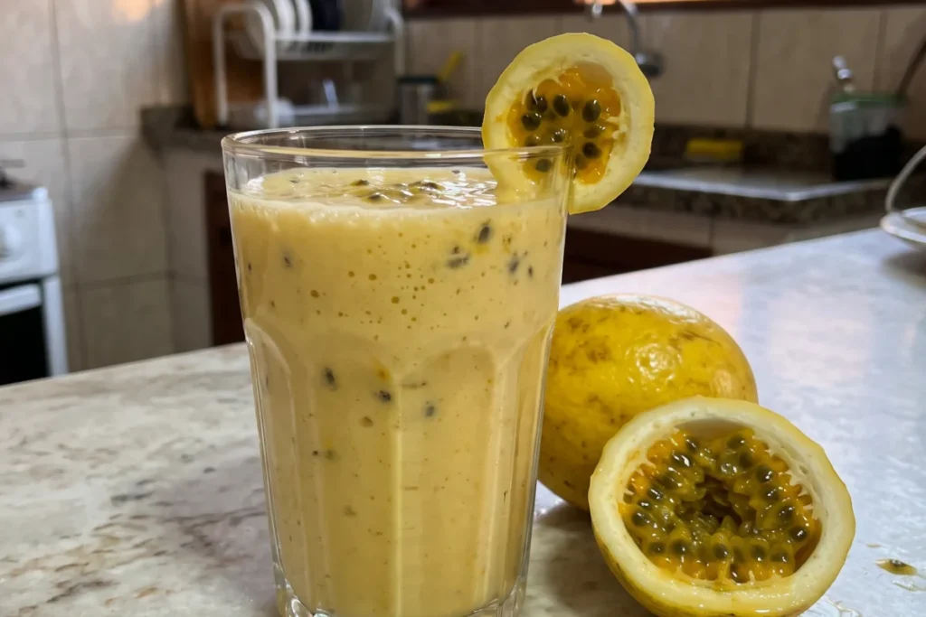 Copo alto com batida de maracujá cremosa decorado com sementes da fruta e folhas de hortelã fresca