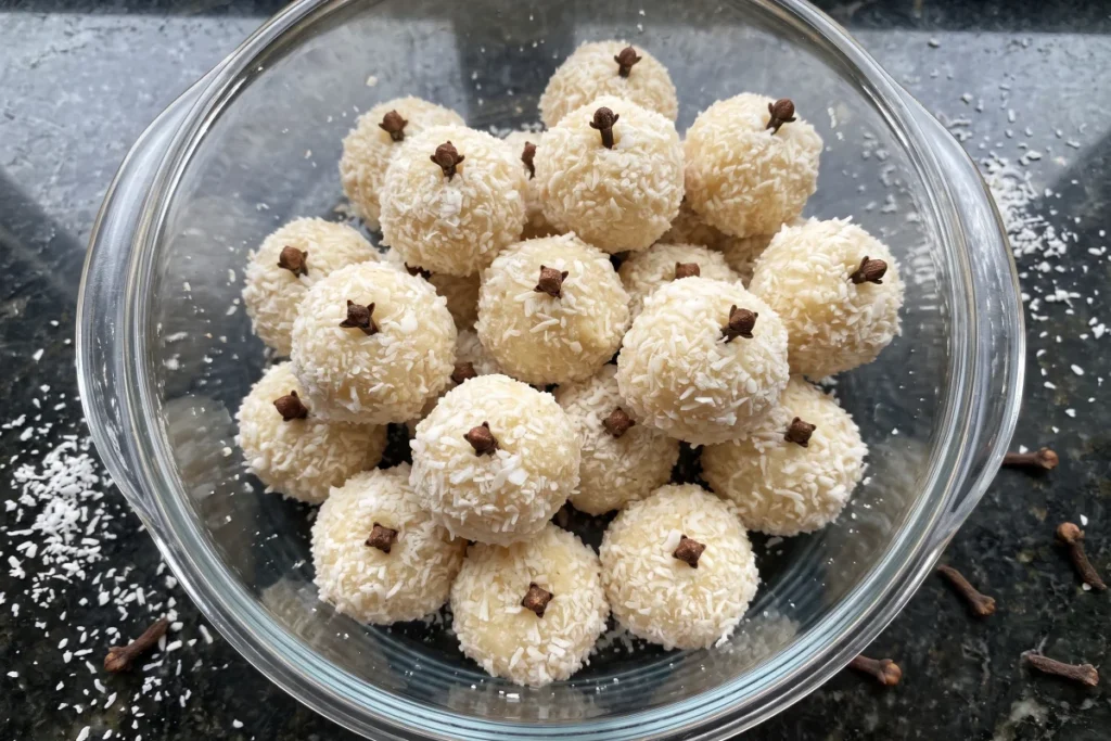 Beijinho de coco enrolado, coberto com coco ralado e decorado com cravo-da-índia, servido em forminhas para festas.