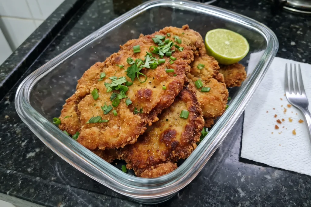 Bife à milanesa dourado e crocante por fora, com carne macia por dentro, servido em um prato caseiro.