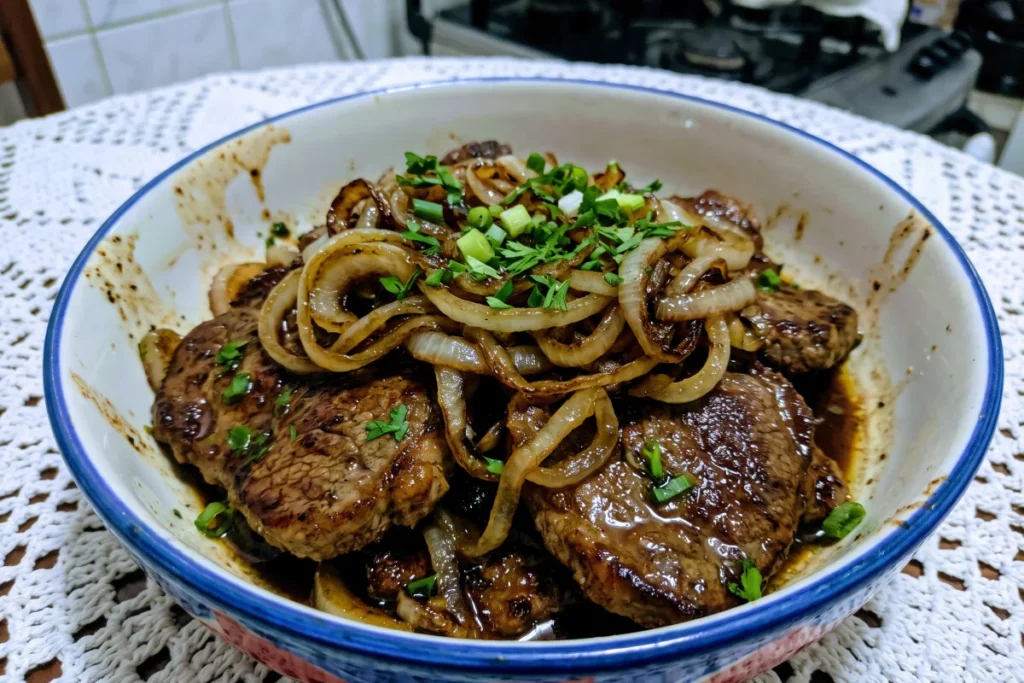 Bife acebolado suculento com cebolas douradas e molho caseiro servido em um prato para o almoço.