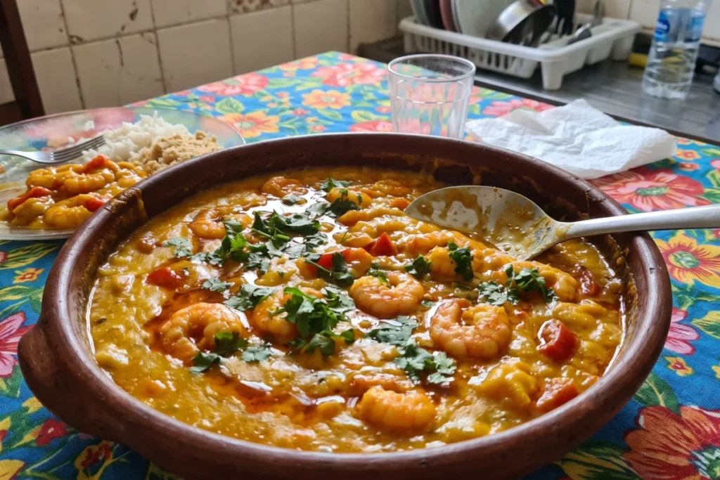 Bobó de camarão cremoso com mandioca, leite de coco, azeite de dendê e camarões, servido em uma travessa.