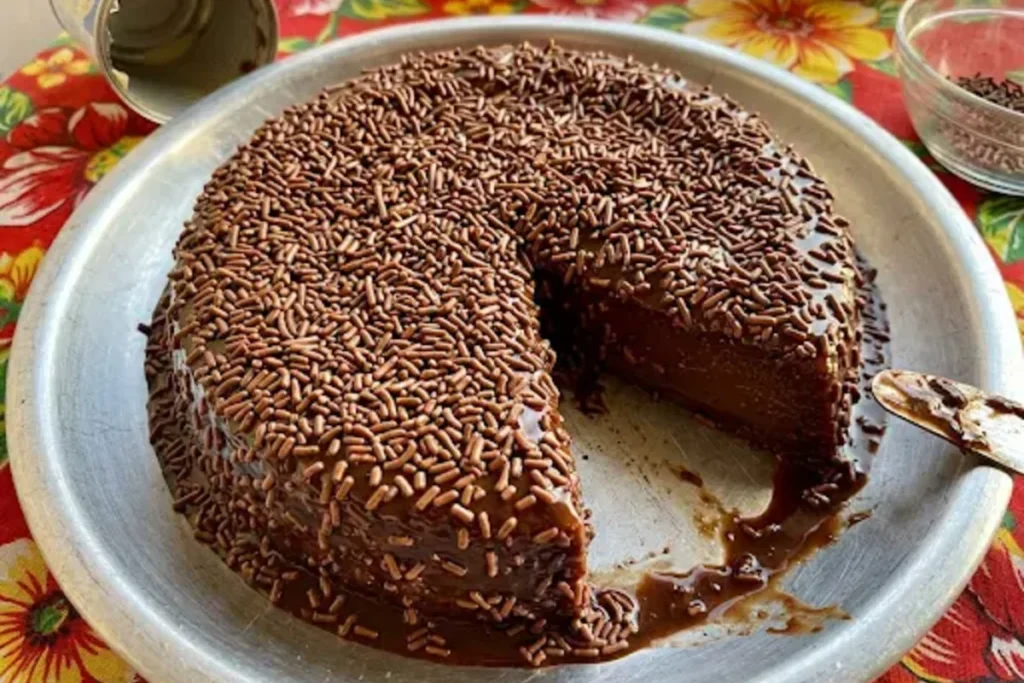 Brigadeirão de forno cremoso desenformado em prato branco, coberto com chocolate granulado e com textura macia