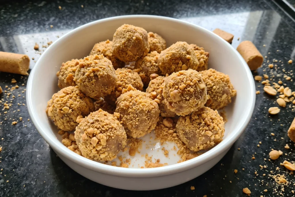 Brigadeiro de paçoca enrolado e coberto com paçoca esfarelada, servido em forminhas de papel